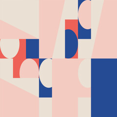 Poster - Abstract geometric vector seamless pattern. Modern background with simple shapes. Circles, squares, rectangles, triangles in pastel blue, red, pink, white colors
