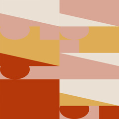 Poster - Abstract geometric vector seamless pattern. Modern background with simple shapes. Circles, squares, rectangles, triangles in pastel yellow, terracotta, pink and white colors