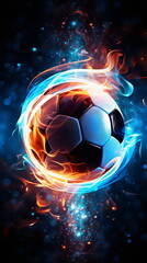 Vertical Fiery Soccer Ball In Goal In Flames, neon lines soccer ball light background. Mobile Football ads background. colorful explosion of fire energy and movement. Generative AI