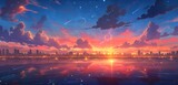 Sunset in the city, anime wallpaper, digital art.