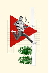 Sticker - Picture collage image of overjoyed cheerful running guy playing guitar sound melody isolated on painted background