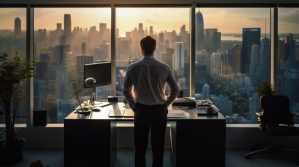 Full body portrait of successful businessman wearing a suit standing near panoramic windows, looking at sunset over city with skyscrapers. View In Modern Office. Business success concept. Copy space