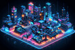 Night city in the Japanese Neon Light style, Isometric style art. Generative AI