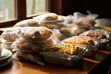 Poster - Leftover food is being packed into plastic containers, ensuring that nothing goes to waste after the Thanksgiving feast