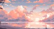 A pixel art illustration of a sunset at thee sea with orange sky and cloud in the style of Anime. Pixel Art