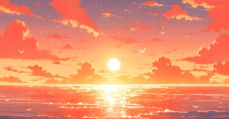 Wall Mural - A pixel art illustration of a sunset at thee sea with orange sky and cloud in the style of Anime. Pixel Art