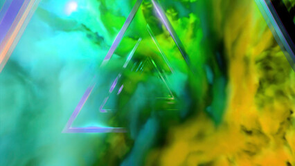 Wall Mural - triangular tunnel with colorful clouds. design. surreal world of clouds and metal silhouettes of fig