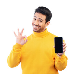Poster - Phone screen, perfect or portrait of happy man isolated for deal, sale or sign up success on PNG background. Okay, hand sign or Asian person with mobile app display, good news or app review support