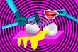 Leinwandbild Motiv Picture collage image comics zine of human arm breaking egg with hammer isolated on colorful drawing background