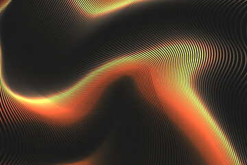 3D gold neon swirl wave lines pattern flowing dynamic gold gradient light on black background. Luxury  concept of technology, digital, communication, science, music 90s style. Vector illustration.