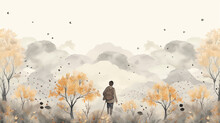 A Child With A Backpack On An Autumn Hike, Watercolor Drawing Picture Illustration Back To School