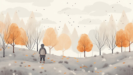 Wall Mural - a child with a backpack on an autumn hike, watercolor drawing picture illustration back to school