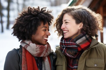 Wall Mural - two young diverse cheerful women communicating with each other on a winter vacation. Female friendship concept