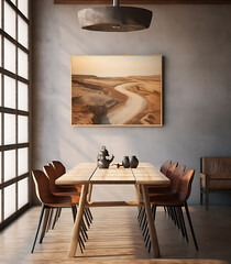 A modern dining room with a large painting on the wall in a minimalist style