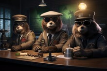 A group of three bears as cops by a table. Imaginary photorealistic image. Police animal inspectors.