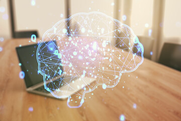 Wall Mural - double exposure of creative human brain microcircuit with computer on background. future technology 