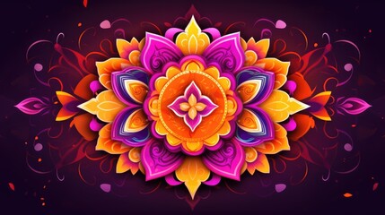 Wall Mural - Rangoli colorful vibrant symbol of Diwali celebration background. Great indian festival of lights concept. Round Floral Ornament for greeting card design, wallpaper.