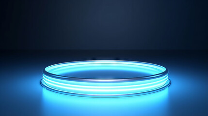 Wall Mural - Minimalistic abstract blurry blue background for product presentation with a circular neon glow.