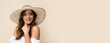 © forma82 - Very beautiful young woman in straw hat and white boho dress on creamy background.