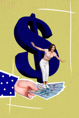 Wall Mural - Vertical photo collage dollar symbol dangerous funny young girl falling down over banknotes corruption money isolated on green background