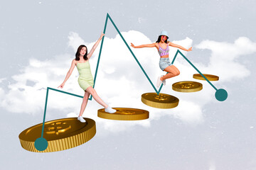 Wall Mural - Design photo collage illustration of two young girls growth career potentially promotion graphic big income isolated on sky background