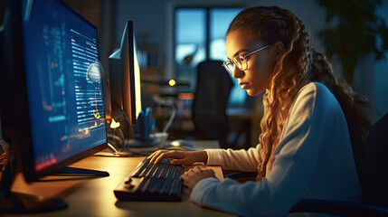 A young woman programmer writing code on the keyboard in the office space. Generative Ai