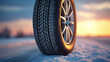 Leinwandbild Motiv Close up of Car tires in winter on the road covered with snow. Winter tire. Generative Ai