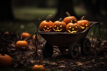 Old Cart Full Of Orange Pumpkins. Halloween And Decoration