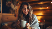 Happy young woman in warm clothes with a cup of hot tea sitting on a sofa with a blanket