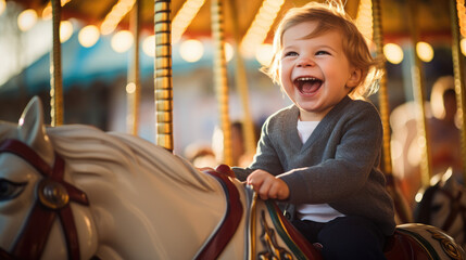 A happy excited young child riding on an exciting theme park fairground ride. 