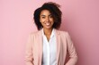 medium shot portrait of a confident Kenyan woman in her 20s wearing a classic blazer against a pastel or soft colors background