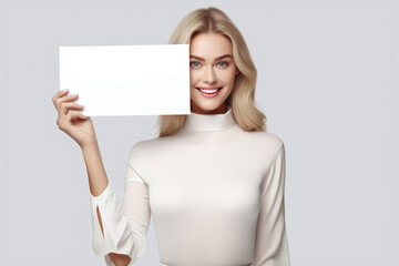 Beautiful woman holding a blank billboard on white background