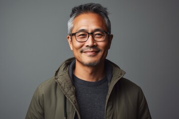 Wall Mural - Portrait of a confident Japanese man in his 40s wearing a chic cardigan against a minimalist or empty room background