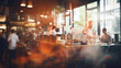 © Vahid - Empty wooden table space platform and blurry defocused restaurant interior, Vintage tone.