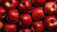 Macro Of Fresh Red Wet Apples With Water Drops. Eat A Red Apple Day Banner