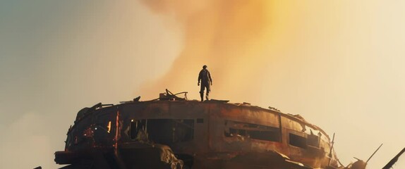 Wall Mural - Man standingoin crushed spaceship laying on planet surface. High quality 4k footage