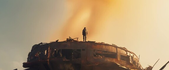 Wall Mural - Man standingoin crushed spaceship laying on planet surface. High quality 4k footage