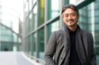© Leon Waltz - portrait of a Japanese man in his 40s wearing a chic cardigan against a modern architectural background