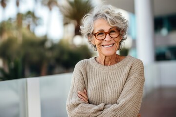 Wall Mural - medium shot portrait of a confident Israeli woman in her 60s wearing a cozy sweater against a modern architectural background