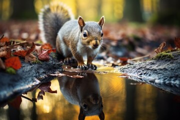 Wall Mural - A squirrel stands in a puddle of water. This image can be used to depict wildlife in natural habitats or to symbolize resilience and adaptability.