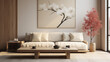 Japandi living room interior with cozy beige couch, modern minimalist design of apartment