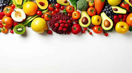 Wall Mural - different colored fruits row on white background.