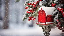 Classic Traditional Red Mailbox Adorned With Christmas Decoration And Snow In A Snowy Village