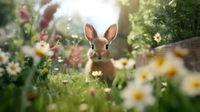 The Baby Bunny In A Meadow In High Grass, In The Garden Or In Nature, Sunny Day, Cute And Sweet