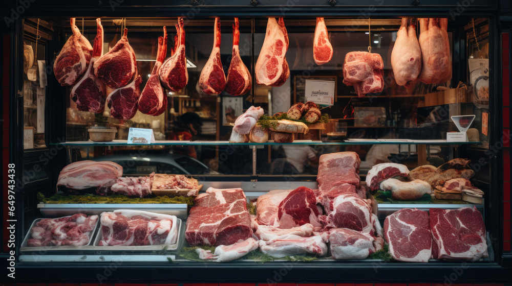 Meat display case in butcher shop, with various cuts of beef, pork, and ...