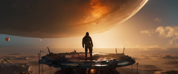 Wall Mural - Man standing on high altitude platform with futuristic view of sky and moons. Anamorphic 4k footage