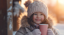 Portrait Of A Child In Winter Clothes On Frosty Day As They Sip Hot Cocoa From A Steaming Mug Outdoors In The Chilly Winter Air And Beautiful Light