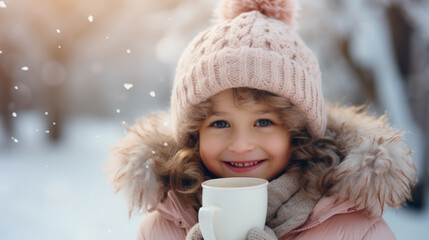 Portrait of a child in winter clothes on frosty day as they sip hot cocoa from a steaming mug outdoors in the chilly winter air and beautiful light