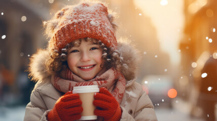 Portrait of a child in winter clothes on frosty day as they sip hot cocoa from a steaming mug outdoors in the chilly winter air and beautiful light