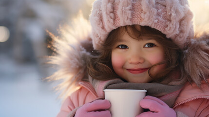 Portrait of a child in winter clothes on frosty day as they sip hot cocoa from a steaming mug outdoors in the chilly winter air and beautiful light